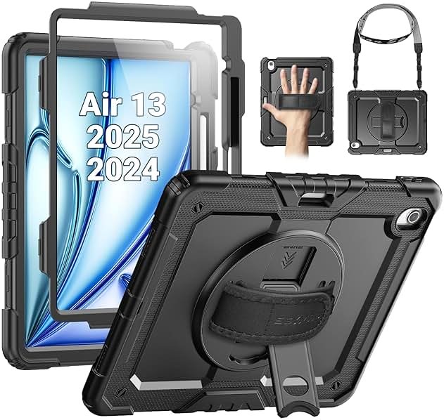 SEYMAC for iPad Air 13 Inch Case M4 / M3 / M2 (2026/2025 / 2024), Heavy Duty Shockproof Protective Case with Screen Protector, 360° Rotating Stand, Hand/Shoulder Strap and Pen Holder, Black - Product Image