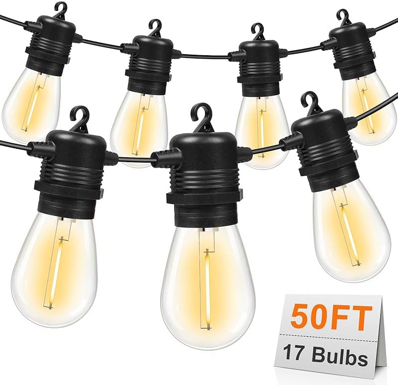 GvvooHome 50FT LED Outdoor String Lights with 16 Shatterproof Waterproof Replaceable Bulbs(1 Spare), 2700K Commercial Grade Patio Lights, Outside Hanging Light for Yard Garden Porch Deck Decor - Product Image