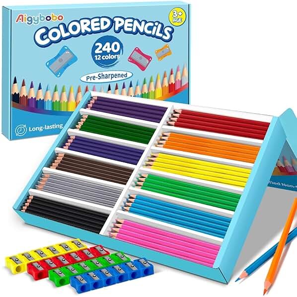 240 Count Colored Pencils Bulk for Classroom, Color Pencils for Kids in 12 Vibrant Colors, Pre-sharpened Coloring Pencils Set Plus 24 Sharpeners, Bulk Pack Colored Pencils for Back to School Supplies - Product Image