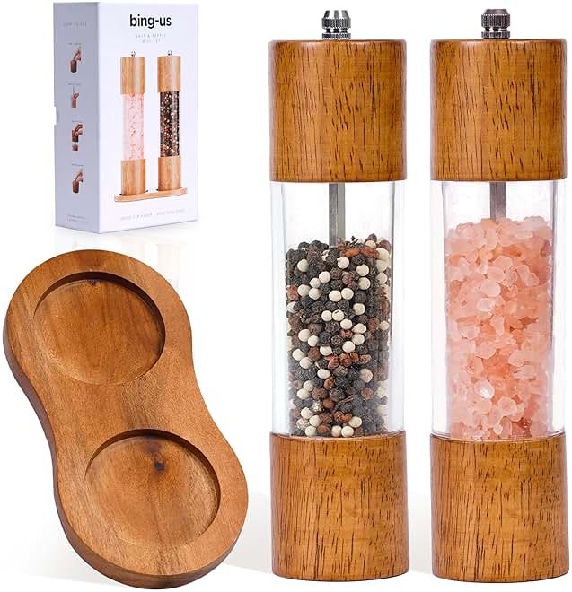Wooden Salt and Pepper Grinder Set | 8-Inch Manual Acrylic Mills with Adjustable Ceramic Grinding Mechanism | Includes 2 Grinders + Wood Base | Premium Salt and Pepper Grinders by BING-US - Product Image