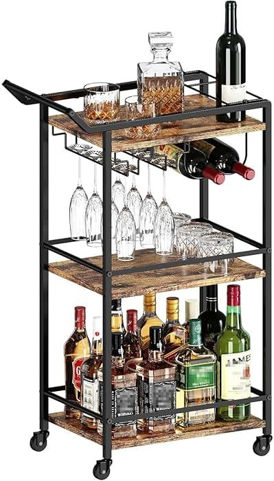 LOTEYIKE 3 Tier Bar Cart, Mini Liquor Utility Cart for Wine Beverage Dinner Party, Rolling Wine Coffee Drink Serving Cart with Lockable Wheels for Home Kitchen Bars (Rustic Brown) - Product Image