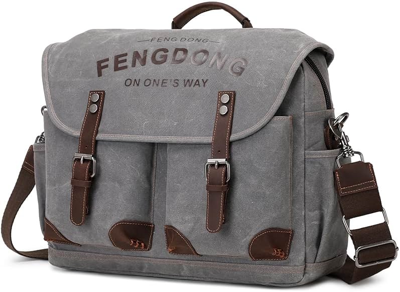 FENGDONG Mens Messenger Bag 15.6 Inch Vintage Waxed Canvas Genuine Leather Briefcase Leather Computer Laptop Bag Rugged Satchel Shoulder Bag Gray - Product Image