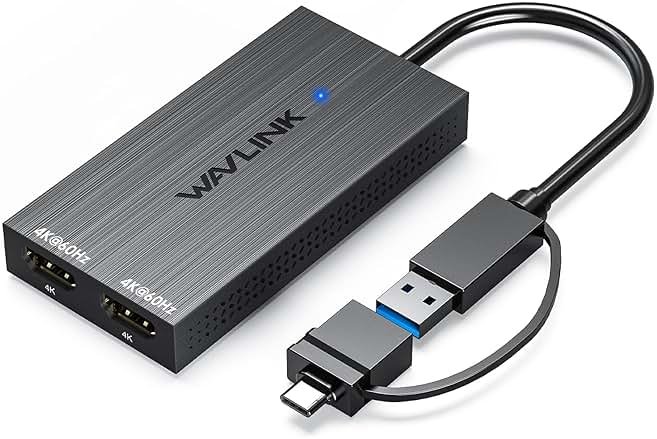 WAVLINK USB 3.0 or USB C to Dual HDMI 4K@60hz Splitter Extended Display for Dual Monitor, Displaylink Adapter Two HDMI 4K 60Hz for Apple Mac M1-M5/Macbook Neo or Windows 10/11,Driver Required - Product Image