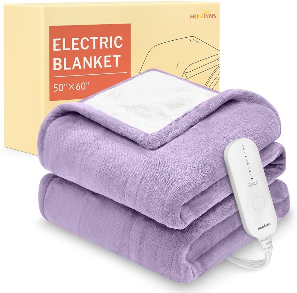 HOMLYNS LuxeHeat Heated Blanket Electric Blanket, Soft Flannel Sherpa Heated Throw, Heating Blanket with 5 Heat Settings, 3 hrs Timer Auto Shut Off (50x60 inches, Purple), Only for 120V Voltage Use - Product Image