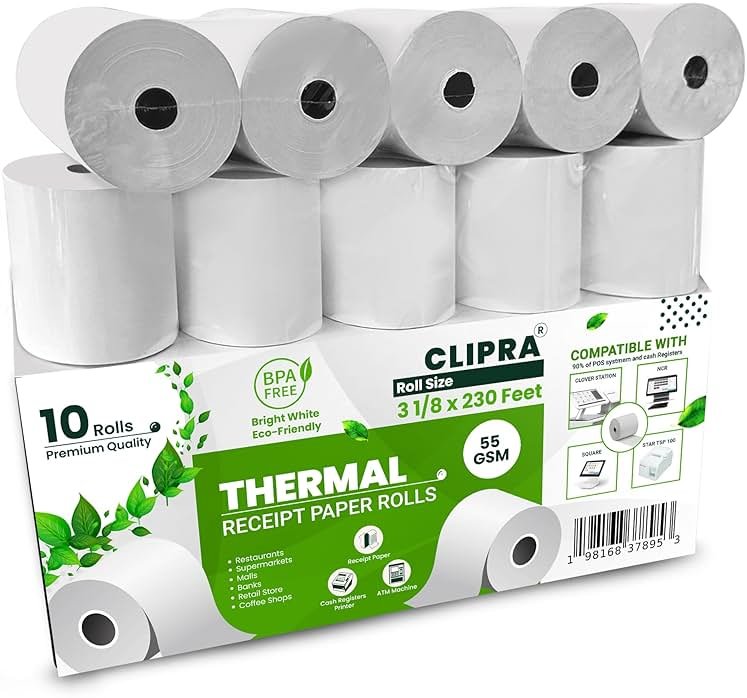 CLIPRA 3 1/8 x 230 Thermal Paper Receipt Rolls (10 PACK) [USA Based Brand] 55 GSM - Compatible with All POS Systems, Cash Registers - BPA Free, Premium Quality Receipt Paper Rolls - Product Image
