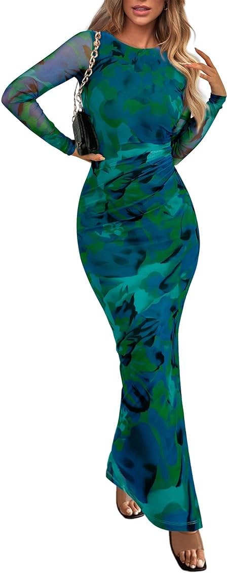 PRETTYGARDEN Women's Bodycon Maxi Dress Fall Spring Fashion Long Sleeve Floral Print Tight Fitted Party Club Ruched Dresses - Product Image