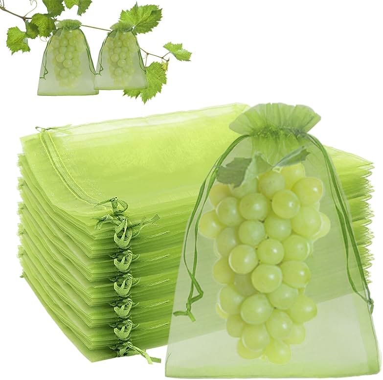 Uigidori 100 Pcs Fruit Protection Bags, 6.5 x 9 Inch Green Netting Cover Bags with Drawstring, Pest Barrier for Trees, Garden Fruit Cover Mesh Bag for Plant Vegetables and Flowers - Product Image
