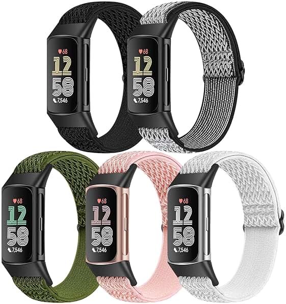 Bcuckood 5 Pack Elastic Nylon Watch Bands Compatible for Fitbit Charge 6/Fitbit Charge 5, Adjustable Breathable Replacement Stretchy Nylon Loop Wristband Sport Strap for Women Men - Product Image