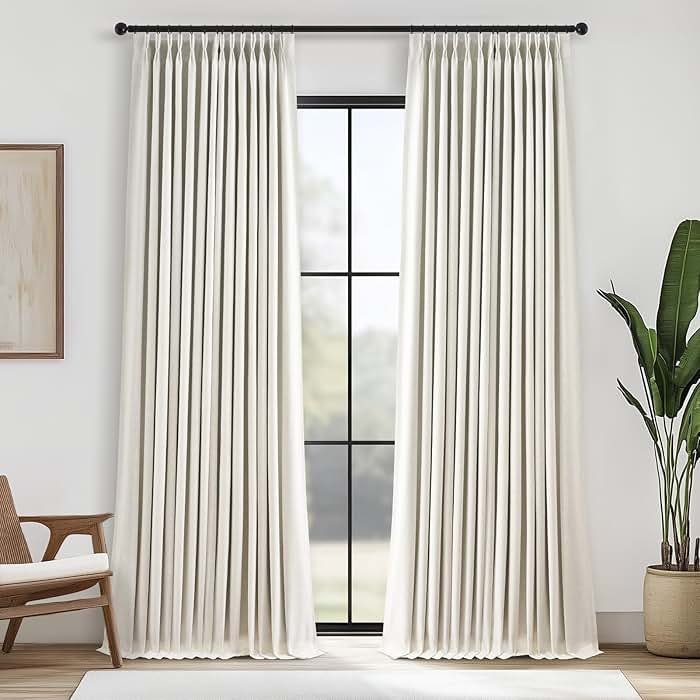Topfinel 96 Inches Long Pinch Pleated 100% Blackout Curtains,Thermal Insulated Natural Linen Pinch Pleat Viral Drapes with Hooks Rings 2 Panel Sets,Neutral Beige Ivory 8FT Back Tab Window Curtains - Product Image