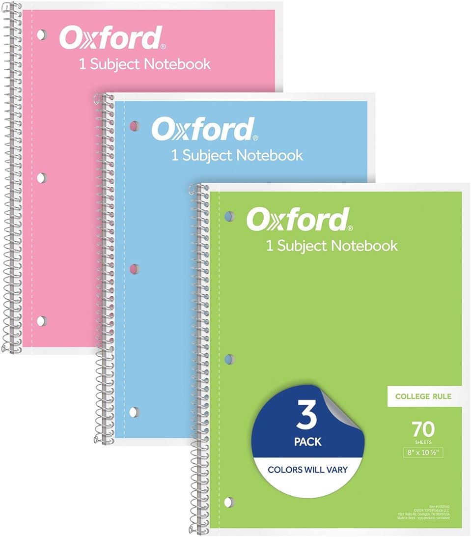 Oxford Spiral Notebooks, 3 Pack, 1 Subject, College Ruled Notebooks for School, 8 x 10.5 Inches, 70 Sheets, Assorted Pastel Colors, Back to School Supplies (1002540) - Product Image