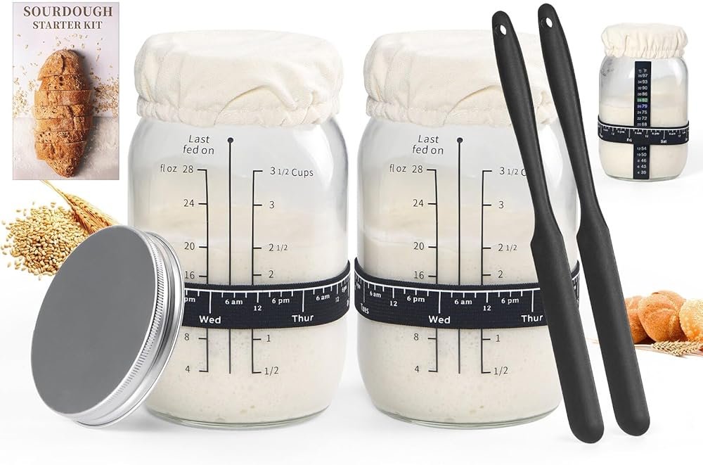 ROLIOUMEN Sourdough Starter Kit, 34OZ Sourdough Jar Container with Aluminium Lid, Feeding Band, Thermometer, Cloth Cover and Silicone Spatula, Sourdough Bread Baking Supplies(2PCS) - Product Image