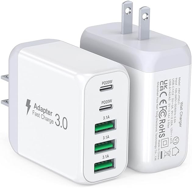 USB C Wall Charger Block, 2Pack 50W 5-Port C Charger Fast Charging Block PD Power Adapter +QC 3.0 Multiport Type C Box Brick Cube USB A Wall Plug for iPhone 16/15/14 Pro Max Plus, iPad,Samsung Galaxy - Product Image