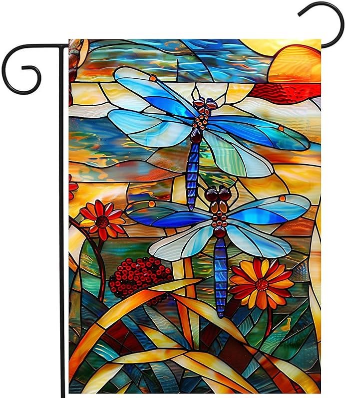 Stained Glass Dragonfly Garden Flag Spring Summer Yard Flag Fall Floral Decorative Flags for Outside 12x18 Double Sided Small Seasonal Lawn Flags Rustic Outdoor Decor - Product Image