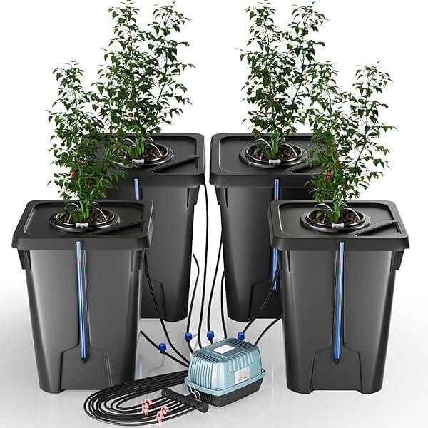 YIFOR 4 Buckets DWC Hydroponics Growing System with Top Drip Kit 7 Gallon Deep Water Culture Bucket System with Air Pump, Air Stone, Air Hose, Recirculating Drip Garden System - Product Image
