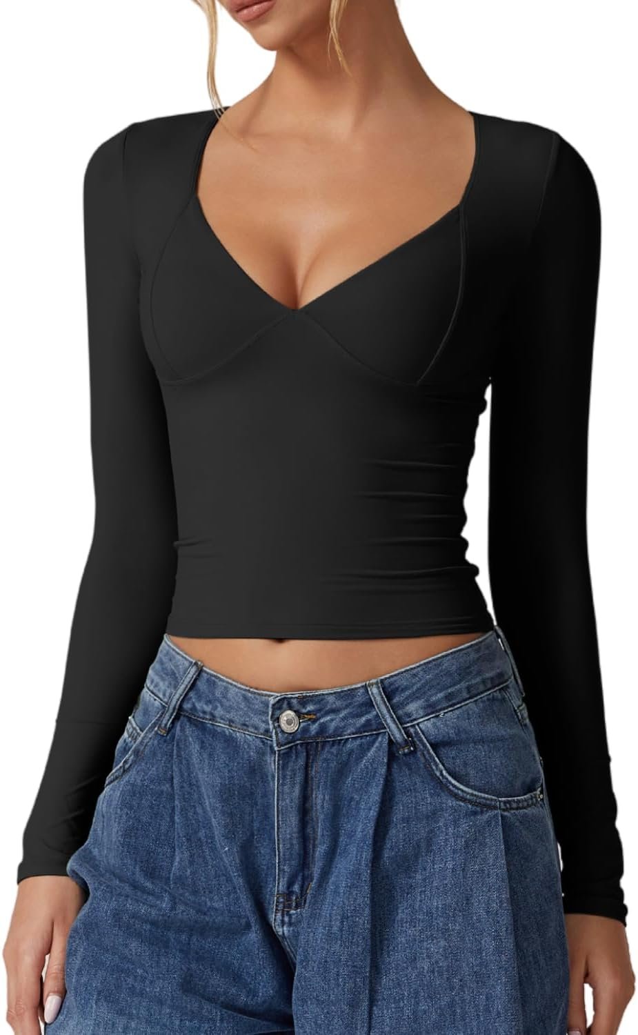 QINSEN Women's Long Sleeve V Neck T Shirts Double Lined Crop Top Seamed Cup Going Out Tops - Product Image