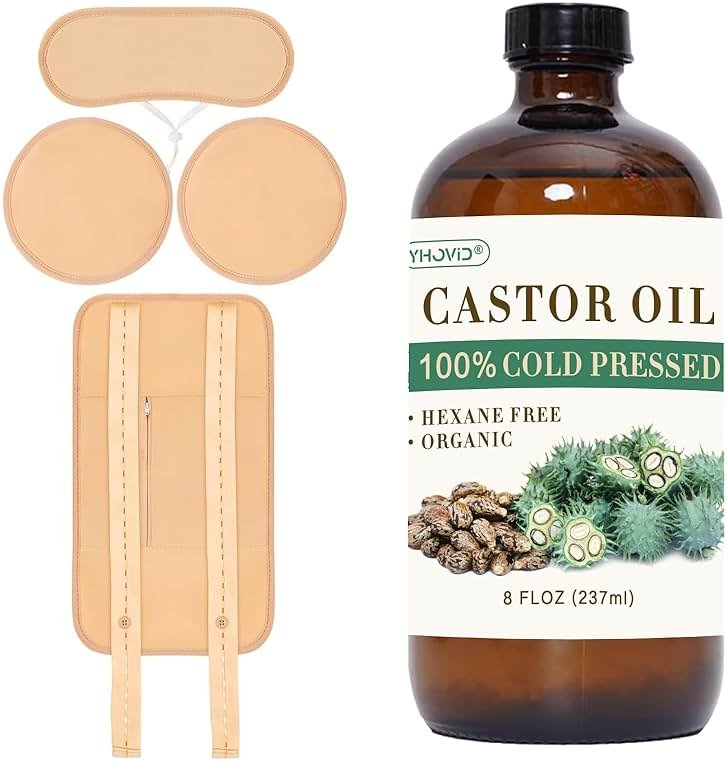 5 Pcs Castor Oil Pack Wrap, Castor Oil Organic Cold Pressed Unrefined Glass Bottle, Caster Oil Wrap for Stomach, Neck, Knee, Foot & Entire Body, Organic Cotton Reusable Pads Kit for Hot/Cold Compress - Product Image