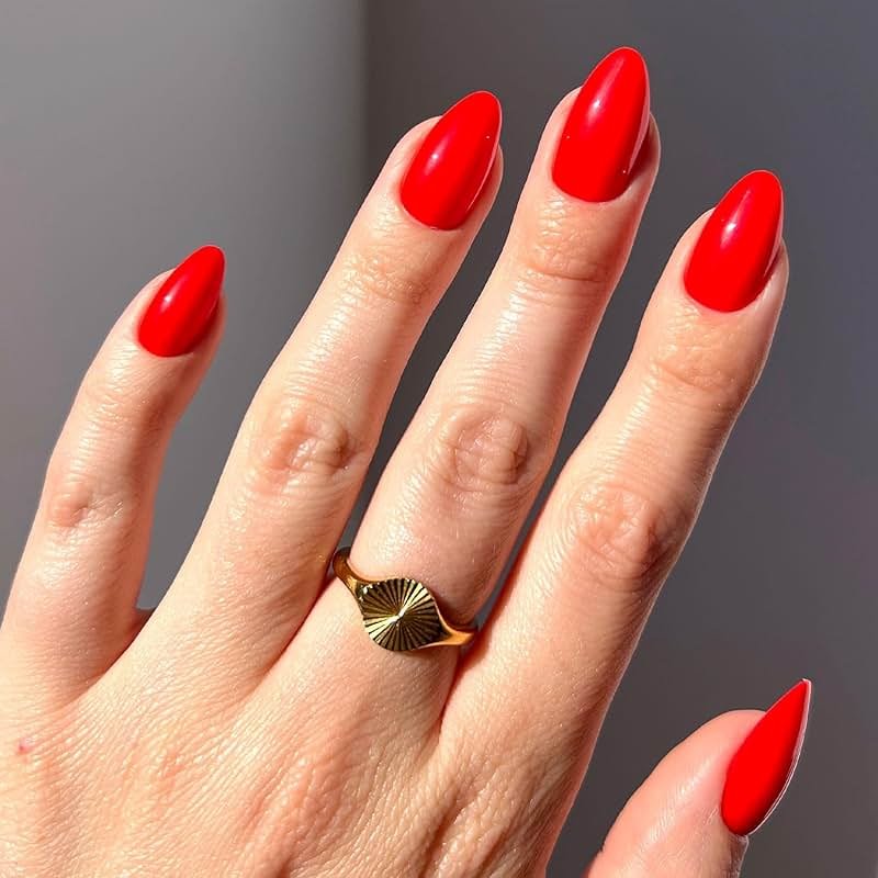 Glamnetic Press On Nails - Fiery Red | Opaque Bright Red Short Almond Fake Nails, Salon Quality | 15 Sizes - 30 Nail Kit with Glue - Product Image