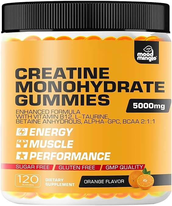 Mood Mingle Creatine Monohydrate Gummies 5g for Men Women - Sugar Free Chewable Vegan Supplement - Enhanced Formula with Vitamin B12 L-Taurine Betaine Anhydrous Alpha-GPC BCAA 2:1:1 - Product Image