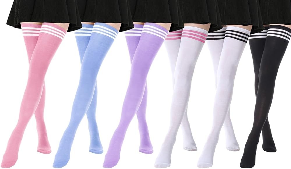 DRESHOW 6 Pairs High Thigh Socks Striped Over Knee Thin Tights Long Stocking for Women Leg Warmer - Product Image