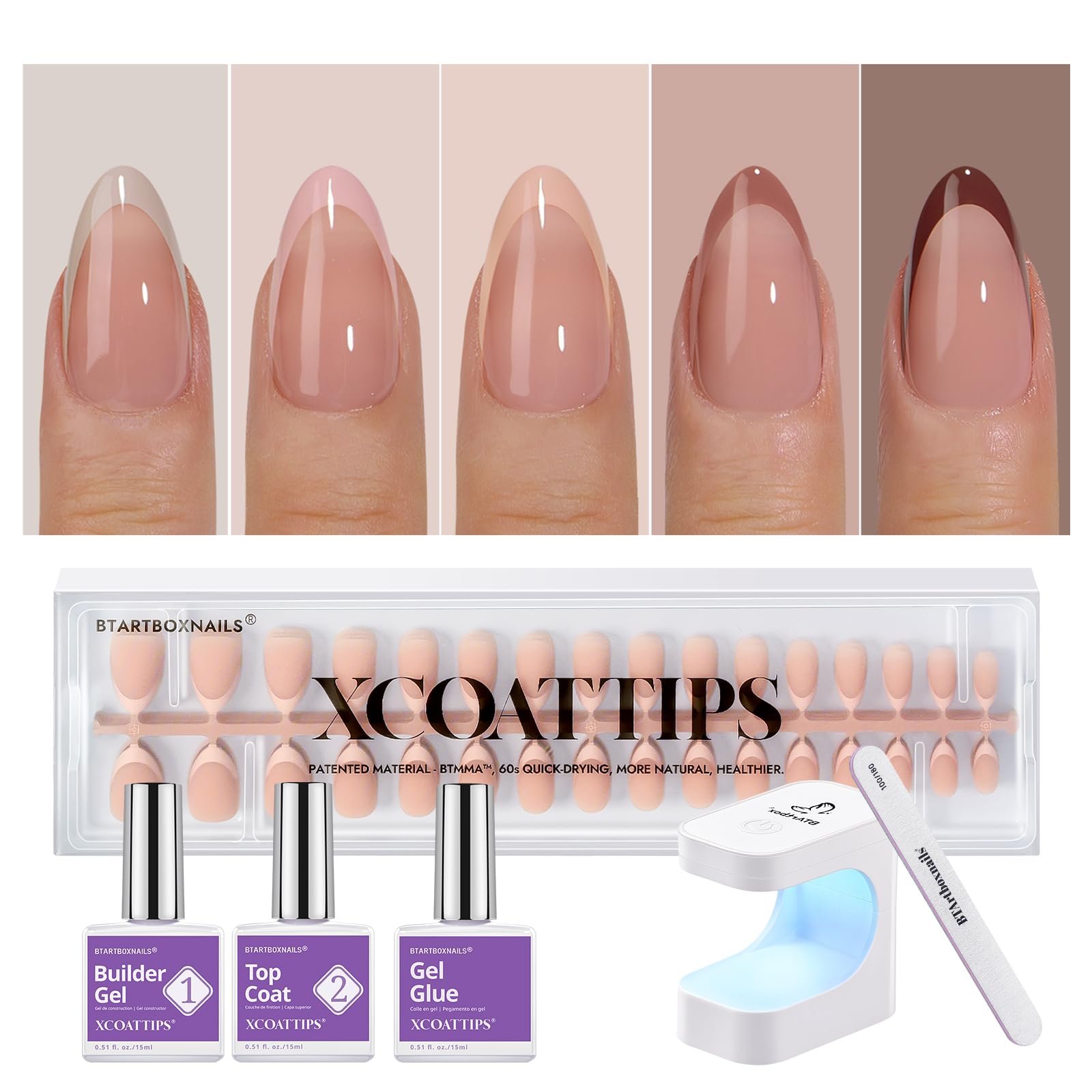 BTArtboxnails XCOATTIPS Press on Nails Short - Skin Tones Almond Nail Tips, Soft Gel Nail Tips with Nail Gel, French Protecting Duo, Nail Lamp, All in One Fake Nails French Tip Nails Kit - Product Image
