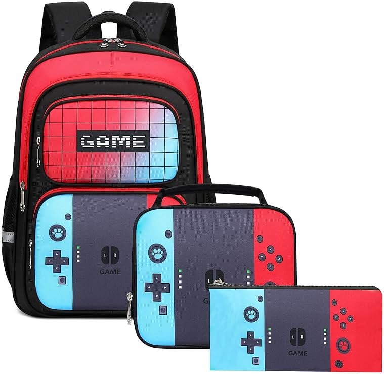 EINSZ Backpack For Boys Bookbag with Lunch Box Game Backpack for Kids Junior High School Primary School Boys Back pack(Red&blue-set) - Product Image