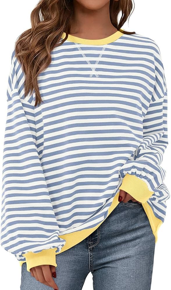 BTFBM Sweatshirt For Women 2026 Summer Crewneck Long Sleeve Oversized Striped Pullover Tops Y2K Clothes Workout Shirt - Product Image