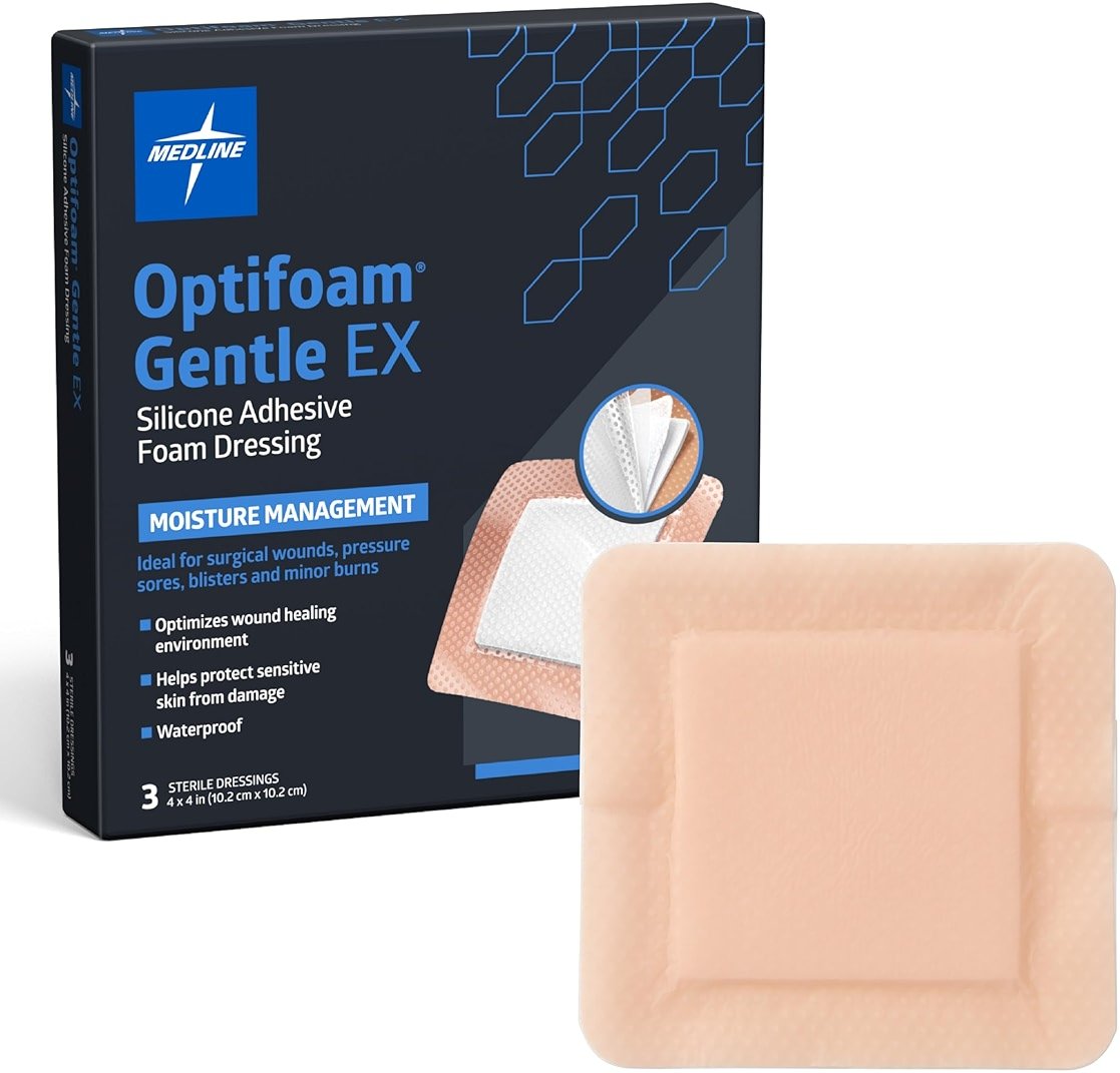 Medline Optifoam Gentle EX Silicone-Faced Adhesive Foam Dressings, 4” x 4”, 3 Count - Product Image