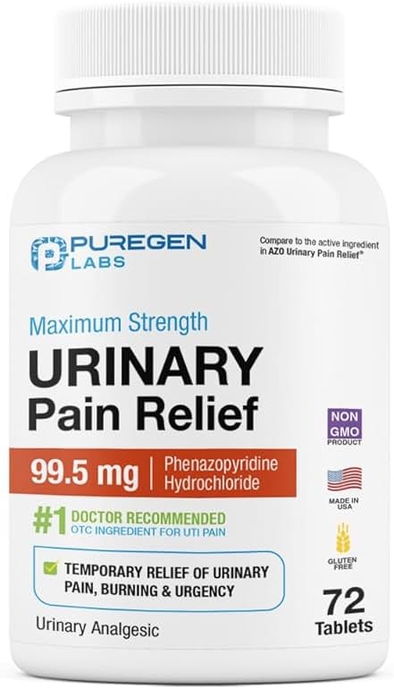 Puregen Labs Urinary Pain Relief | Phenazopyridine HCl 99.5mg Tablets | Maximum Strength OTC for Fast Relief of UTI Pain, Burning and Bladder discomfort – 72 Count Tablets - Product Image