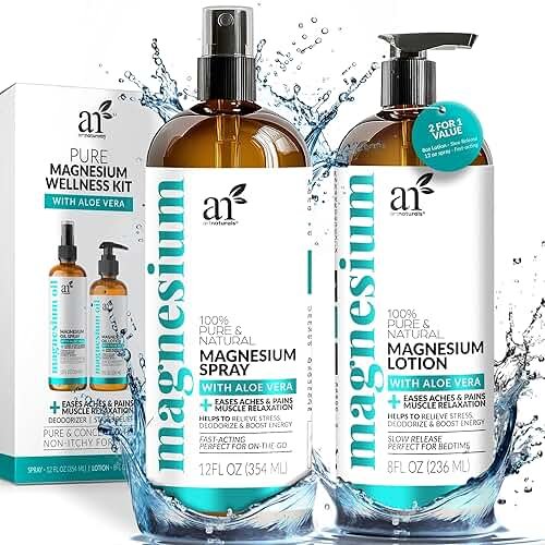 ArtNaturals Magnesium Oil Spray 12 oz + Body Massage Lotion Set 8oz for Feet & Sleep - Extra Strength Cream Ultra-Pure, Relief & Relaxation, Muscle Health Leg & Joint Care Topical Non Itch - Product Image