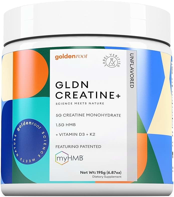 GoldenRoot GLDN Creatine HMB - Creatine Monohydrate with HMB for sustained Muscle Support and Recovery with Vitamin D3 and K2 for Bone and Joint Health - Unflavored - 30 Servings (1) - Product Image