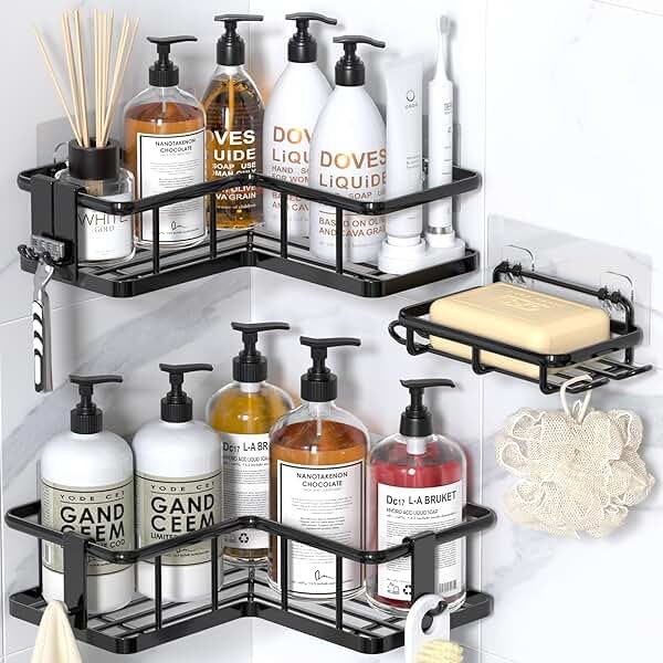 YASONIC Shower Caddy Corner, 3-Pack Adhesive Rustproof Stainless Steel Shower Shelves with Soap Holder, No Drilling Shower Organizer Corner for Dorm, Renters Bathroom, Black - Product Image