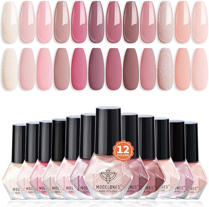 modelones Nail Polish Set 12 Colors Nude Pink Quick Dry Mini Nail Lacquer Kit, Neutral Shimmer White Glitter Finger Toe Nail Polish Bulk Manicure DIY Nail Art Salon Travel Home Gift for Women Girls - Product Image