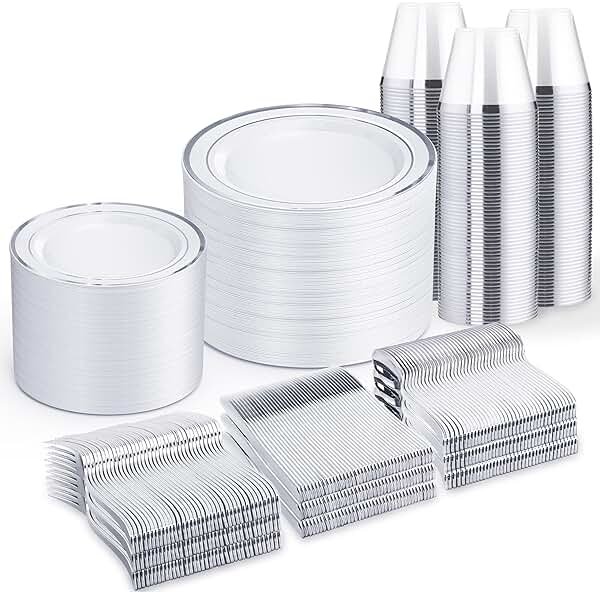 WELLIFE 600 PCS Silver Disposable Dinnerware Set for 100 Guests, Wedding Reception Plates & Silver Plastic Tableware, Dinner & Salad Plates, Cups, Forks, Knives & Spoons for Weddings & Elegant Events - Product Image
