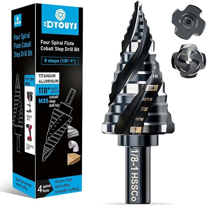 Four Spiral Flute M35 Step Drill Bit Set 1/8"-1"(9 Sizes), 3/8" Shank for Metal Step Drill bit, Impact Resistant Cobalt Step Drill Bit, for Stainless Steel, Wood, Aluminum, Plastic - Product Image