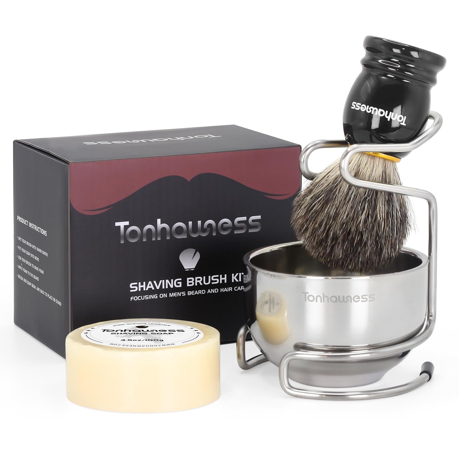 Tonhawness Shaving Brush Kit for Men, 4 in 1 Shaving Brushes Set Includes Badger Hair Shave Brush, Stainless Steel Shaving Bowl&Stand and Goat Milk Flavor Shaving Soap - Product Image