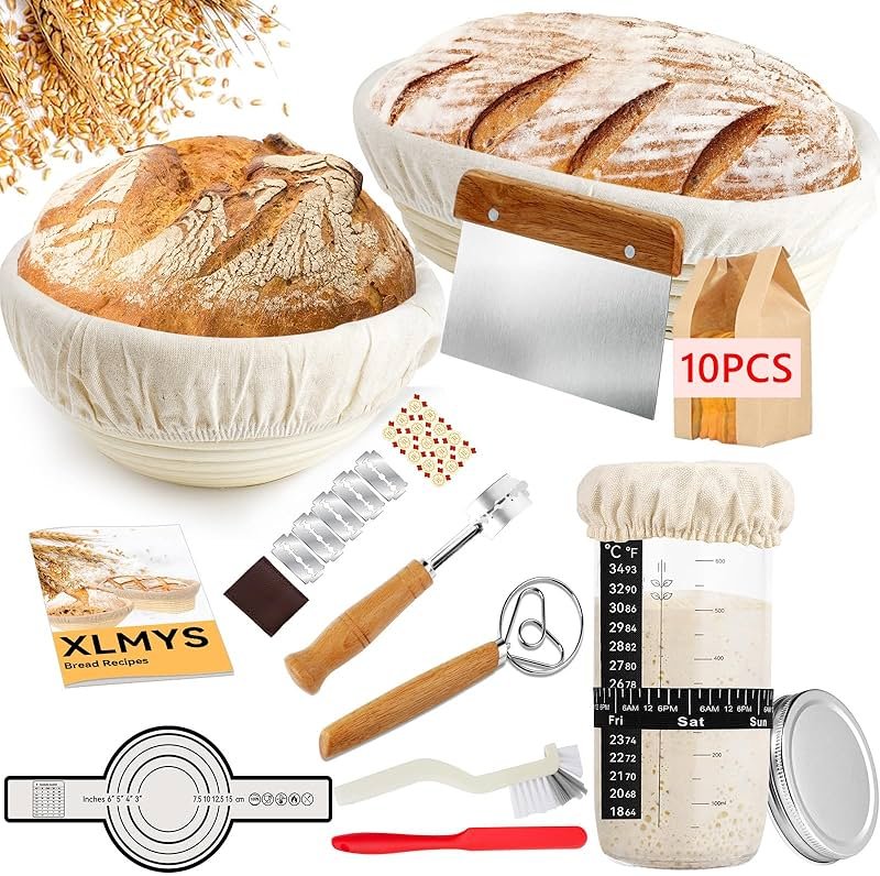 Sourdough Starter Kit - Banneton Proofing Basket 9 Inch Round & 10 Oval, Complete Sourdough Bread Baking Supplies with Starter Jar, Bread Sling, Lame, Danish Dough Whisk, Bags - Product Image