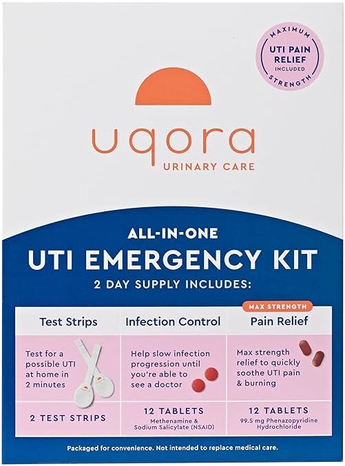 Uqora UTI Emergency Kit - Comes with 2 Urinary Tract Infection Test Strips, 12 UTI Pain Relief Tablets & 12 Infection Control Tablets - Urinary Tract Support - Maximum Strength - Product Image