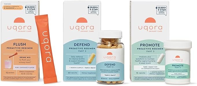 Uqora Complete Regimen with Flush, Defend & Promote - Urinary Tract Support with D-Mannose, Vitamin C, Green Tea Extract, Probiotics & More - Comprehensive Bladder Health Support* - 3-Part Bundle - Product Image