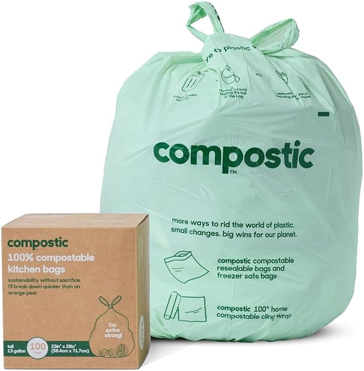 Compostic Compostable Trash Bags, 13 Gallon Tall Kitchen (100 Count) Bulk Pack — Extra Strong, Home Compostable, Plant-Based, Non-Toxic, Unscented Garbage Bags - Product Image