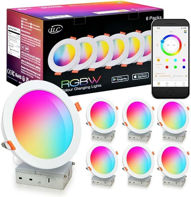 iLC 6 inch LED Recessed Lighting Color Changing, Work with Alexa (Alexa speaker Required), App Controlled, RGB Canless Recessed Lights, 16 Million Colors,2700K-6000K,14W,1400LM, Bluetooth Mesh,6 Packs - Product Image