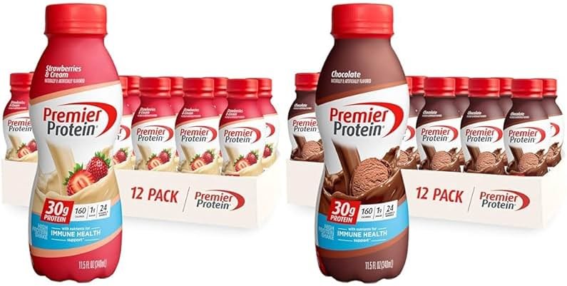 Premier Protein Shake Bundle - 24 Vitamins & Minerals, 30g Protein, Strawberries & Chocolate Flavors, Pack of 12, 11.5 Fl Oz - Product Image