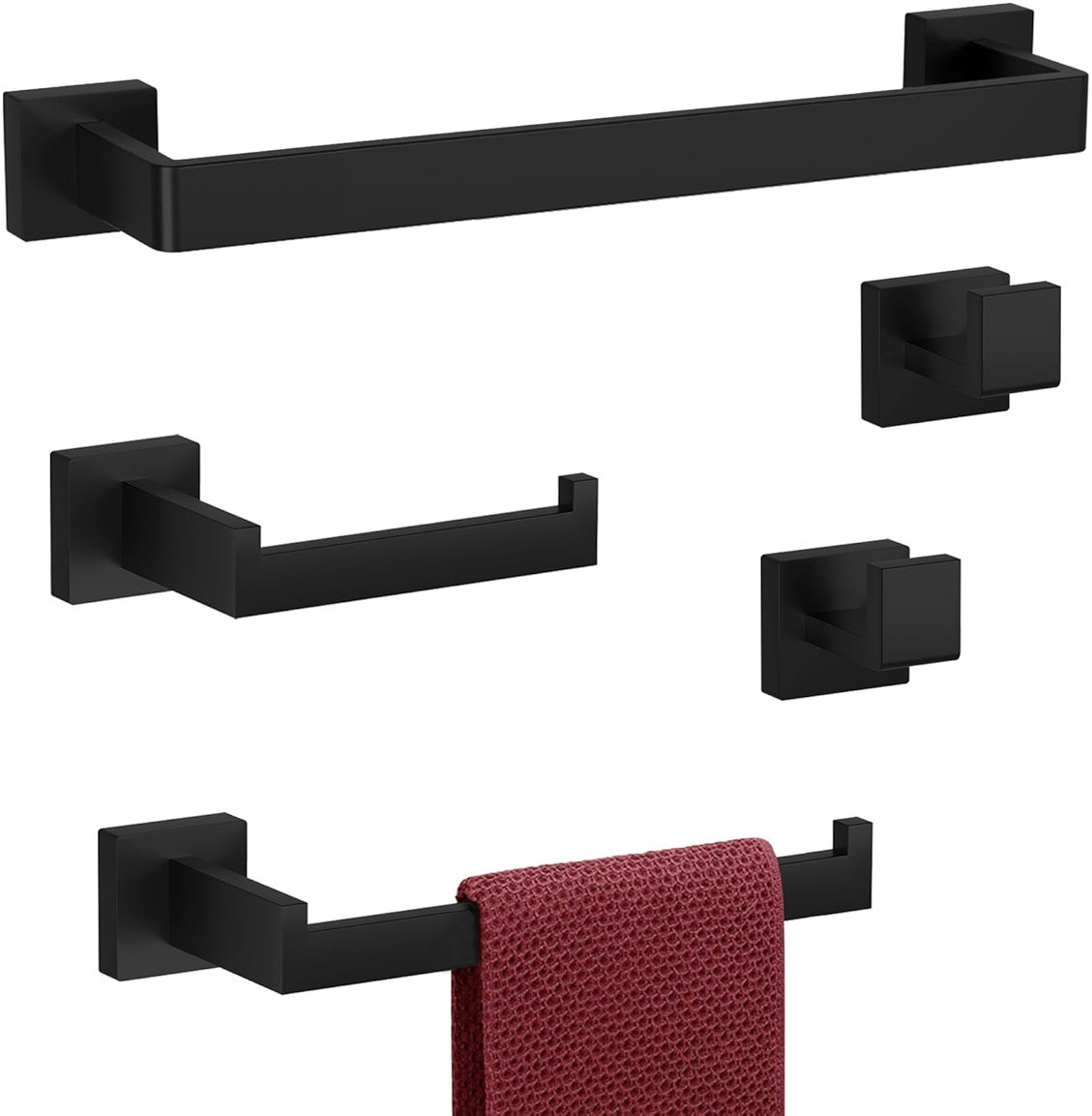 5-Pieces Matte Black Bathroom Hardware Accessories Set, Heavy Duty Bath Towel Bar Set Including - 16" Towel Rack - Hand Towel Holder - Toilet Paper Holder - Robe Towel Hook - Product Image