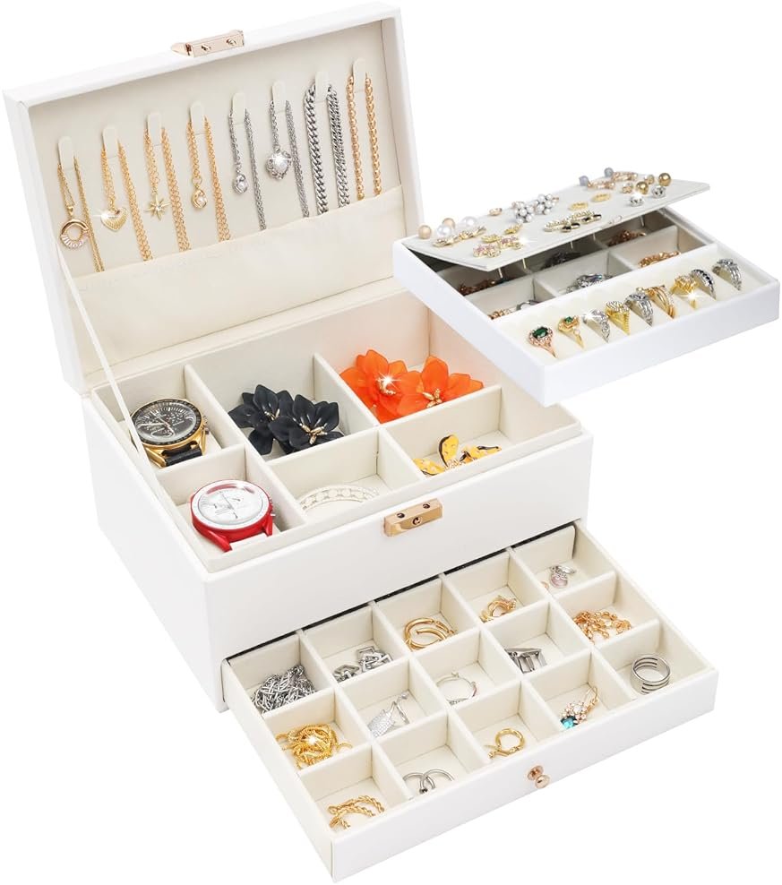3 Layers Jewelry Box, White Jewelry Boxes for Women with Drawer, Jewelry Organizers and Storage for Earring, Ring, Necklace, Bracelets, Watch, Lockable Jewelery Organizer Lover Gifts for Women - Product Image