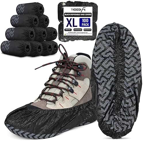 TOOSOFt Black Shoe Covers Disposable Non Slip 100 Pack (50 Pairs): Extra Large Non-Woven Fabric Booties for Shoes Covers for Indoors Reusable,Breathable, Waterproof - Fits Up to Size 14 US Men - Product Image
