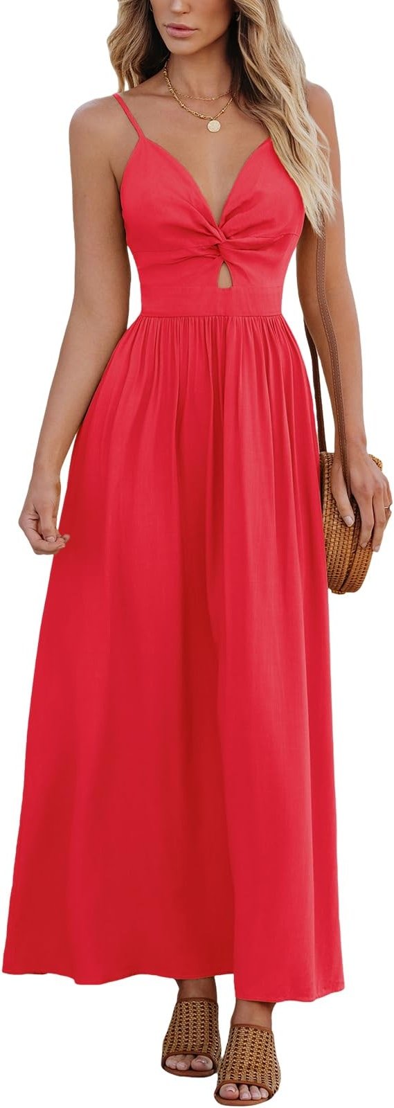 CUPSHE Women Casual Dress Beach Sleeveless V Neck Summer Cutout Spaghetti Straps Formal Maxi Sun Dresses - Product Image