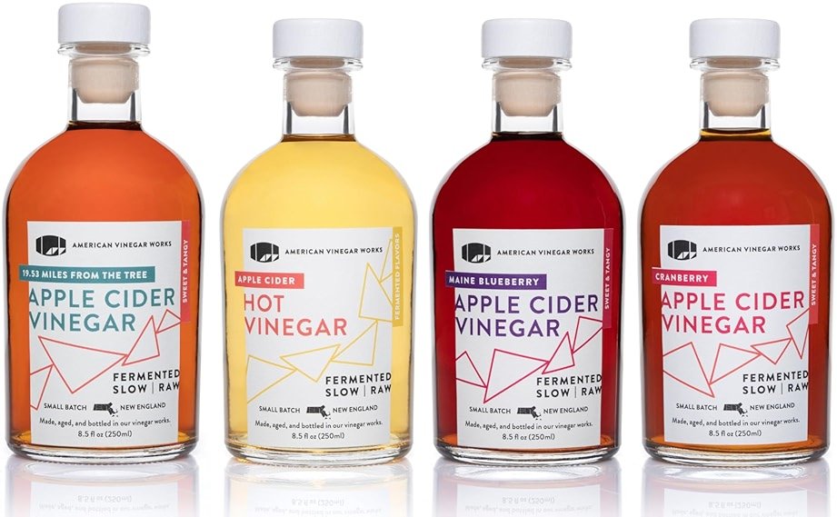 American Vinegar Works - Cider Lovers Vinegar - Includes Apple, Cranberry, Hot, and Wild Blueberry Vinegars Packed in a Custom Box - Great for Gifts - 8.5 oz Bottles - 4 Pack - Product Image
