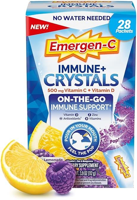 Emergen-C Immune Plus Crystals, On-the-Go Immune Support Supplement with Vitamin C, Vitamin D, B Vitamins, Zinc and Manganese, Berry Lemonade - 28 Stick Packs - Product Image