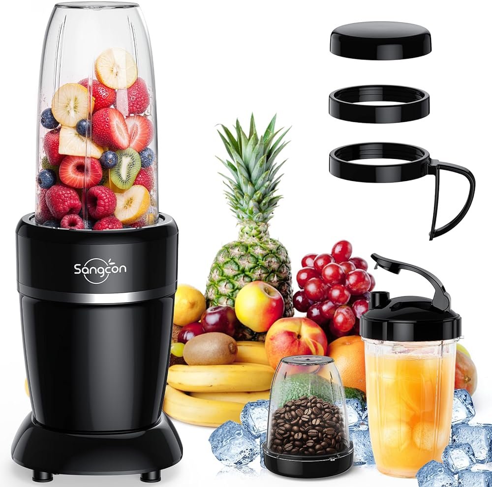 Sangcon 1000W Smoothie Blender for Kitchen, Blenders for Smoothies with (3) Cups (2) Spout Covers (1) Storage Cap (1) To-Go Cap, Portable Blender for Shakes, Ice Crushing, Frozen Drinks, Spices - Product Image