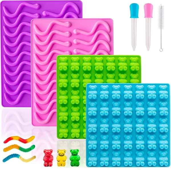 HKUCFTT Large Gummy Bear and Worm Molds Silicone, Food-Grade Non-Stick Candy Molds Fruit Snack Molds BPA-Free with 2 Droppers & 1 Cleaning Brush, Set of 4 - Product Image