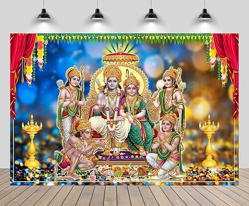 CHNYWORK 7x5ft Hindu Gods Backdrop, Indian Hindu Gods Photo Backdrop with Ram Sita Hanuman Ganesh & Marigold Puja Scenery, Indian Festival Party Decor Photo Booth Prop Wallpaper - Product Image